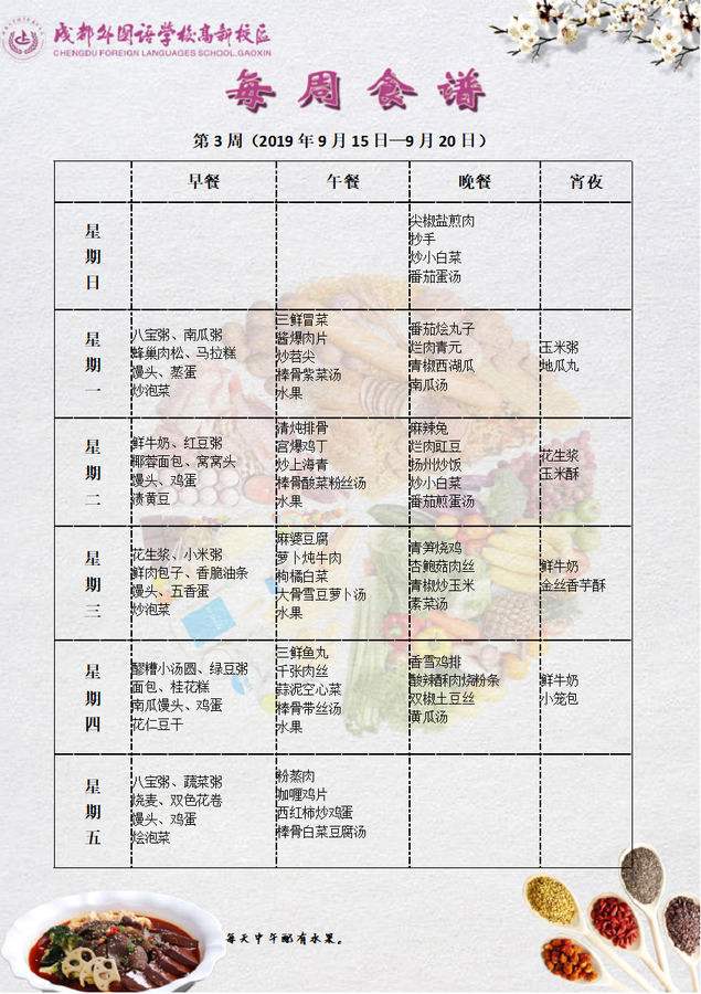 成都外国语学校高新校区第三周食堂菜谱